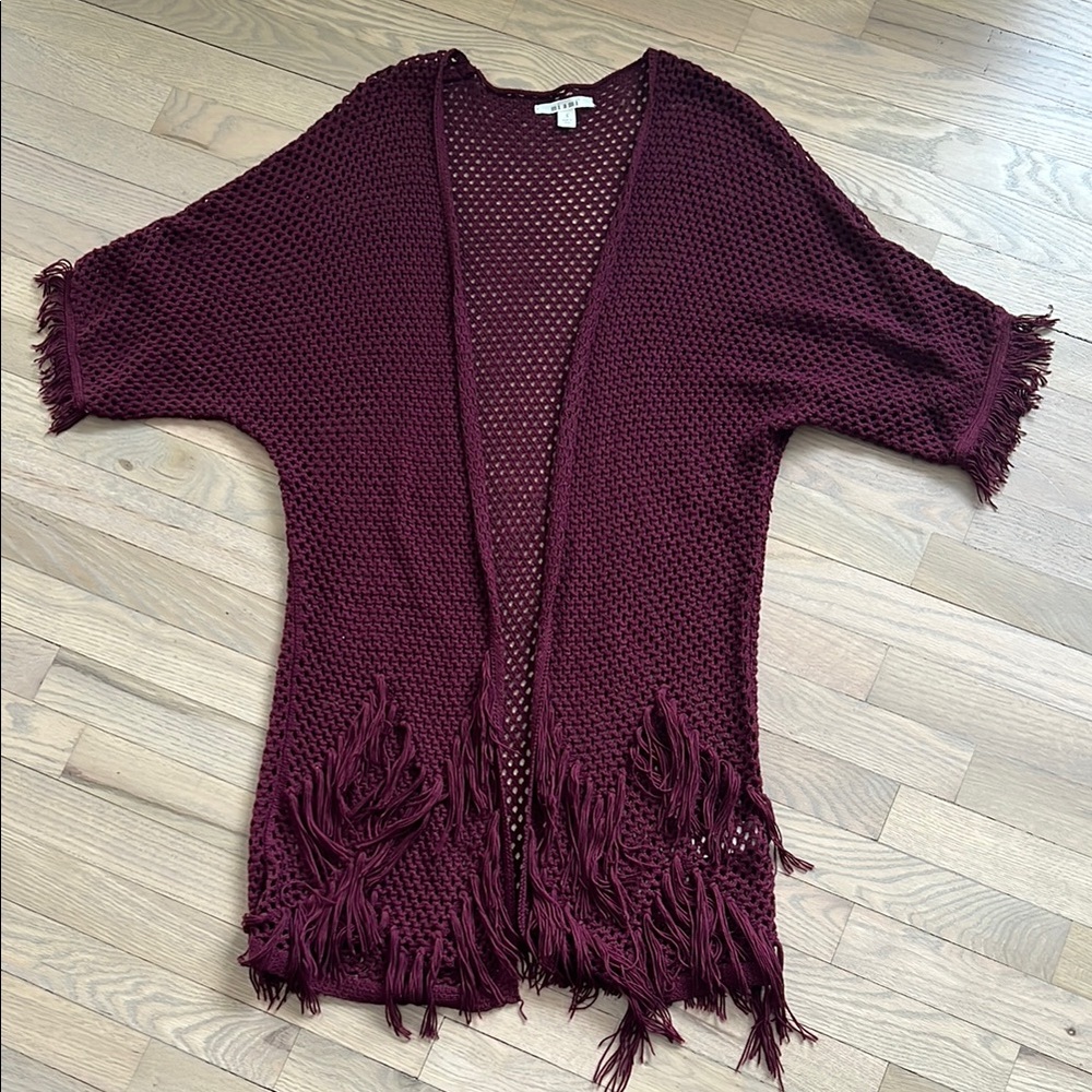 Fringed Burgundy Open-Knit Sweater